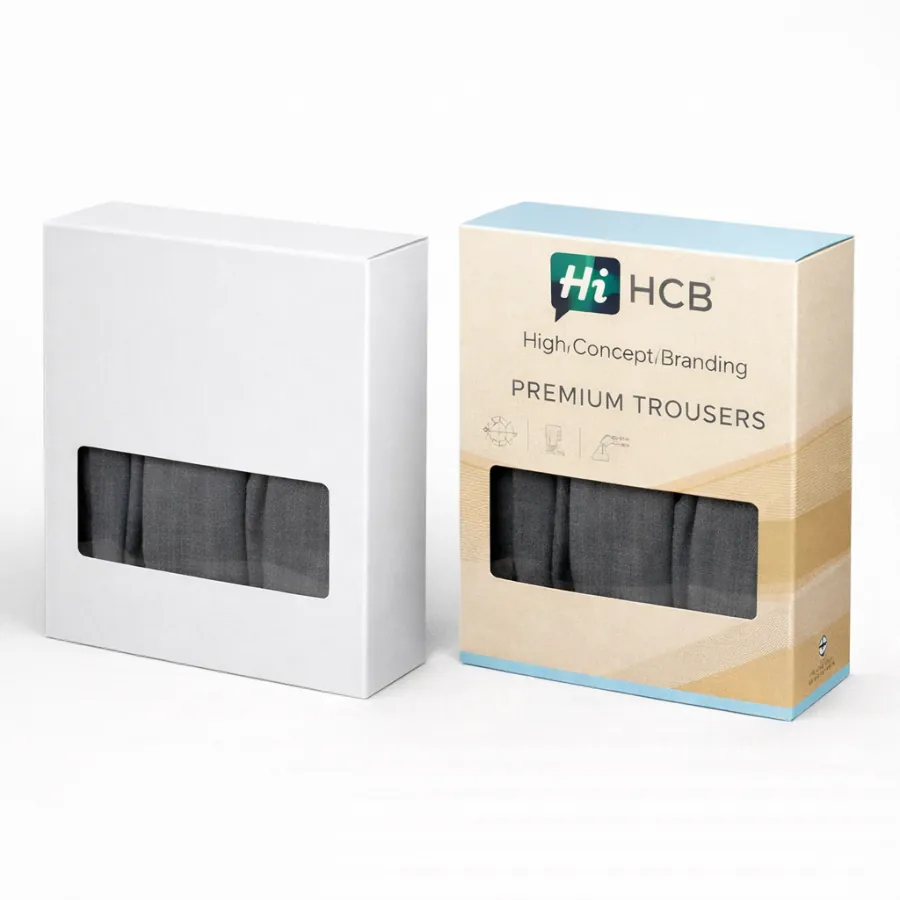 Two vertical retail boxes with viewing windows showing grey trousers- featuring High Concept Branding logos- class=